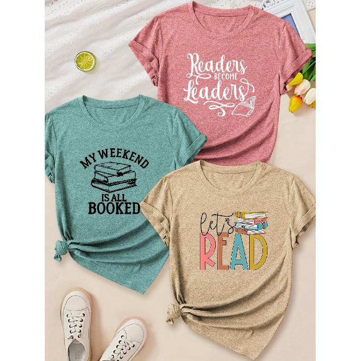 Fashionable casual weekend reading book combination with printed pattern and round neck3Short-sleeved shirt T Shirts for women in spring, summer,