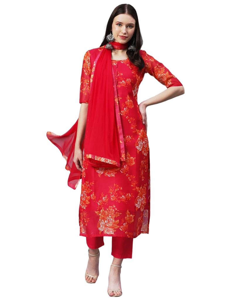 Gosriki Women'S Chanderi Cotton Printed Straight Kurta With Pant & Dupatta (Aux-Orange-Gs_4Xl_Pink_Xxxx-Large)