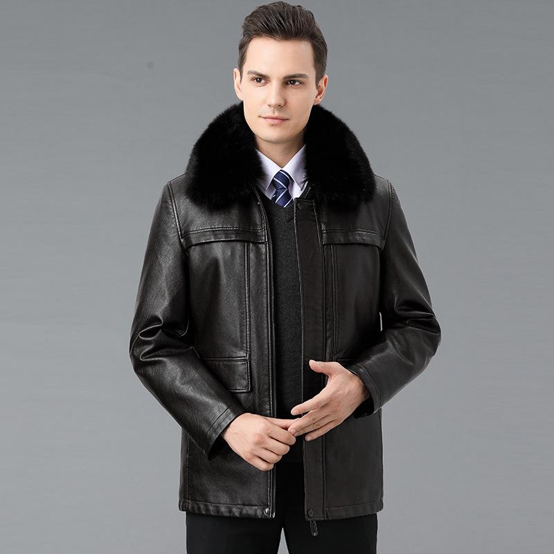 Winter Genuine Leather Jacket Men's Genuine Fox Fur Collar Removable Liner Down Jacket Thickened Warm Middle-aged Jacket