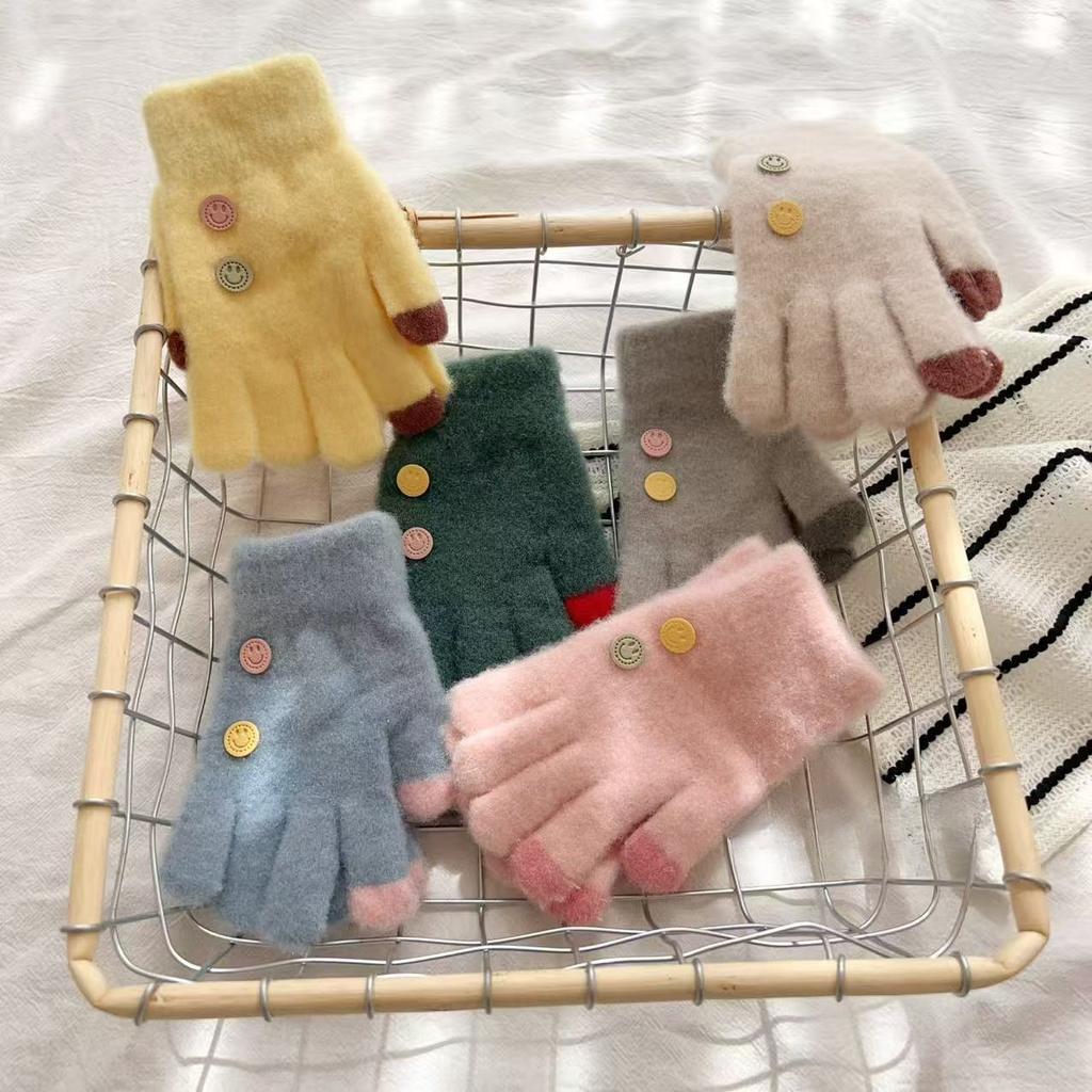 Children's Button Five finger Warm Korean Style Smiling Baby Woolen Knitted Hand for Boys and Girls Students To Keep Warm