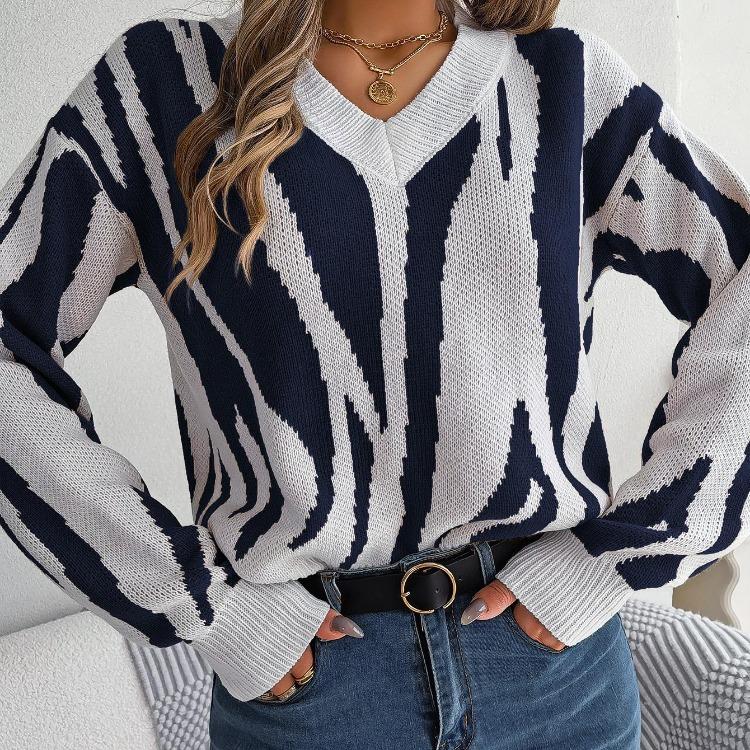 Color Print Loose Knitwear V Neck Cardigan Sweater Long Sleeve Vintage Autumn Winter Top
