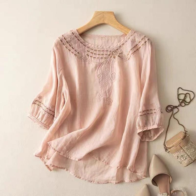 Women's Summer Cotton Linen Embroidered Blouse Chinese Style Plus Size 3/4 Sleeve Round Neck Loose Casual Vintage Daily Wear Top