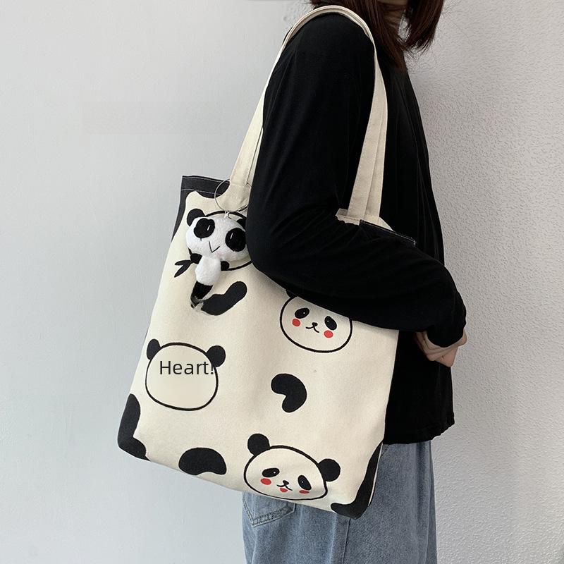 Geantă de umăr din pânză cu model panda pentru femei - Drăguță, capacitate mare, stil japonez și coreean pentru studenți și serviciu