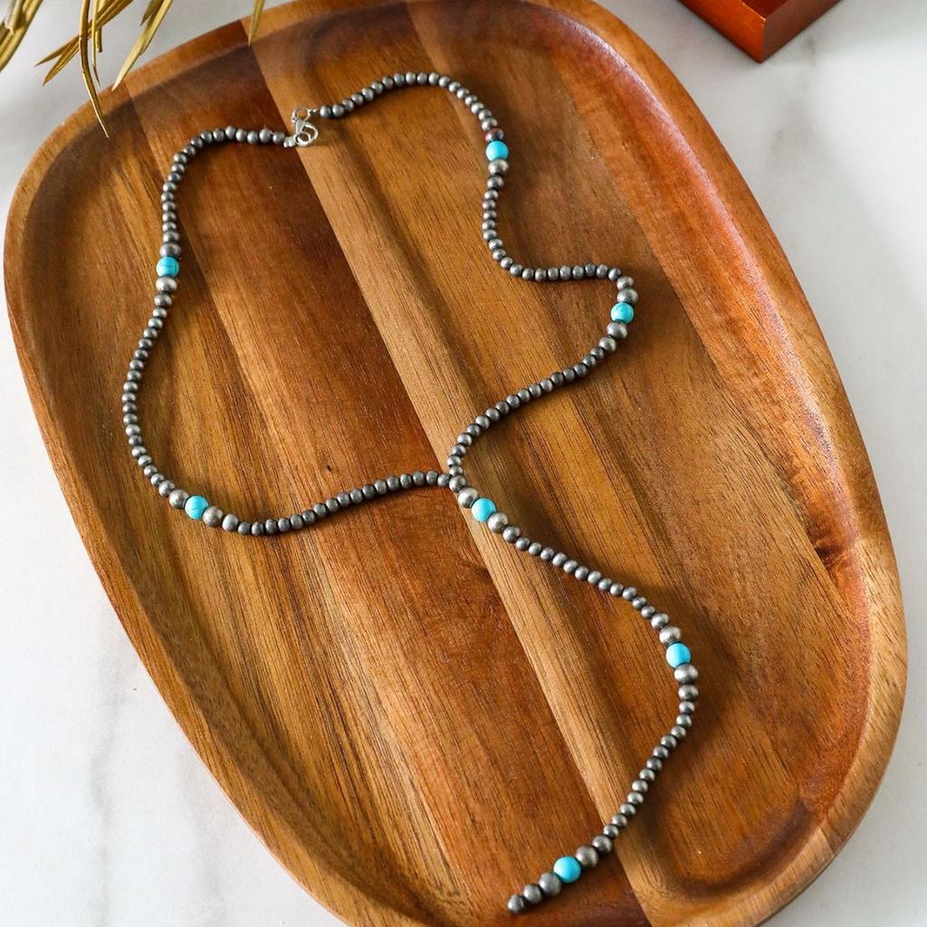 Versatile Sweater Chain, Western Denim Turquoise Stitching Geometric Navajo Pearl Long Necklace