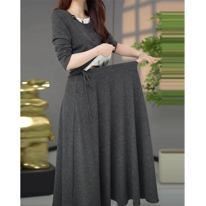 Light Luxury Long-sleeved Top and Skirt Two-piece Large Size Flesh-covering and Slimming Over-the-knee Skirt Set