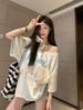 2025 Summer New Women's Influencer V-neck Loose Cartoon Print Short Sleeve T-shirt