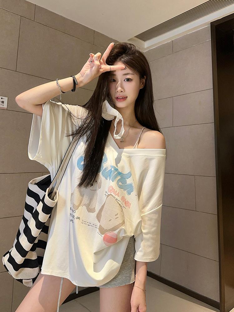 2025 Summer New Women's Influencer V-neck Loose Cartoon Print Short Sleeve T-shirt