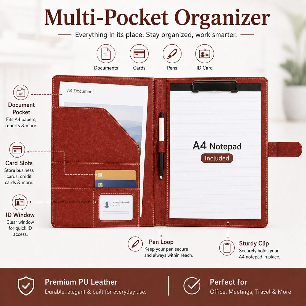 1-pack A4 leather folder/business manager folder, magnetic clasp design, with storage function and note pad