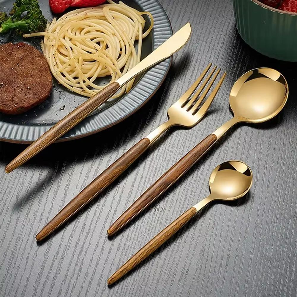 4pcs Stainless Steel Imitation Wooden Handle Cutlery Set Dinnerware Tableware Knife Spoon Fork Cutlery Set Tableware