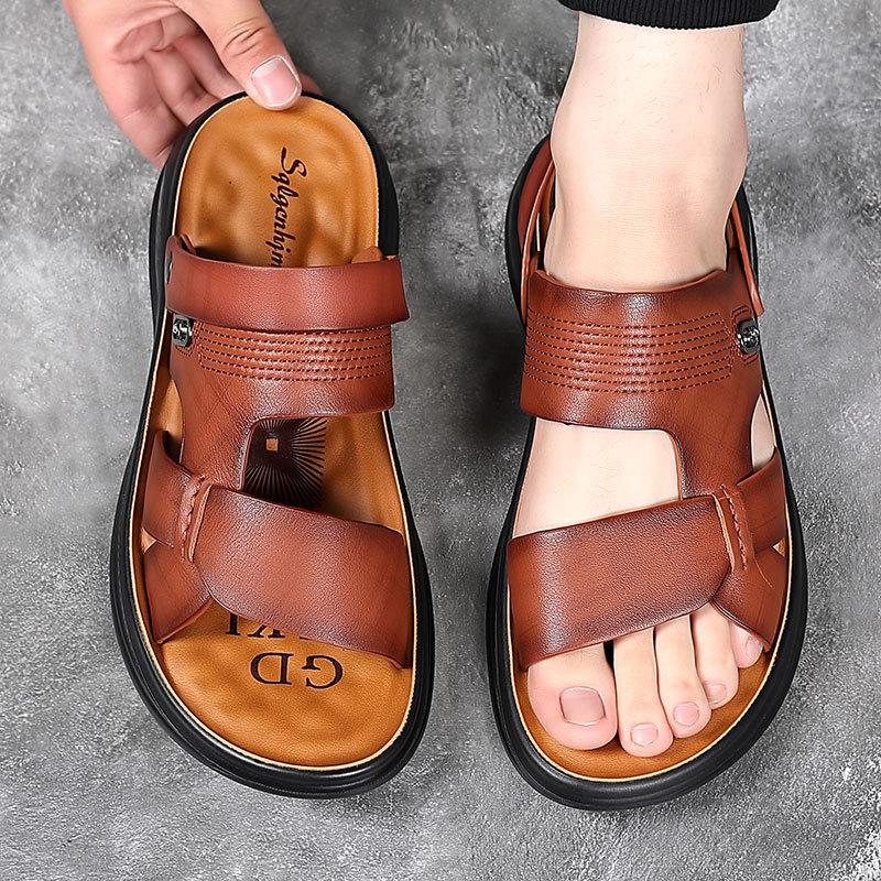 2025 new men's sandals wear dual-purpose real cowhide beach shoes men's genuine leather cool slippers driving soft-soled non-slip