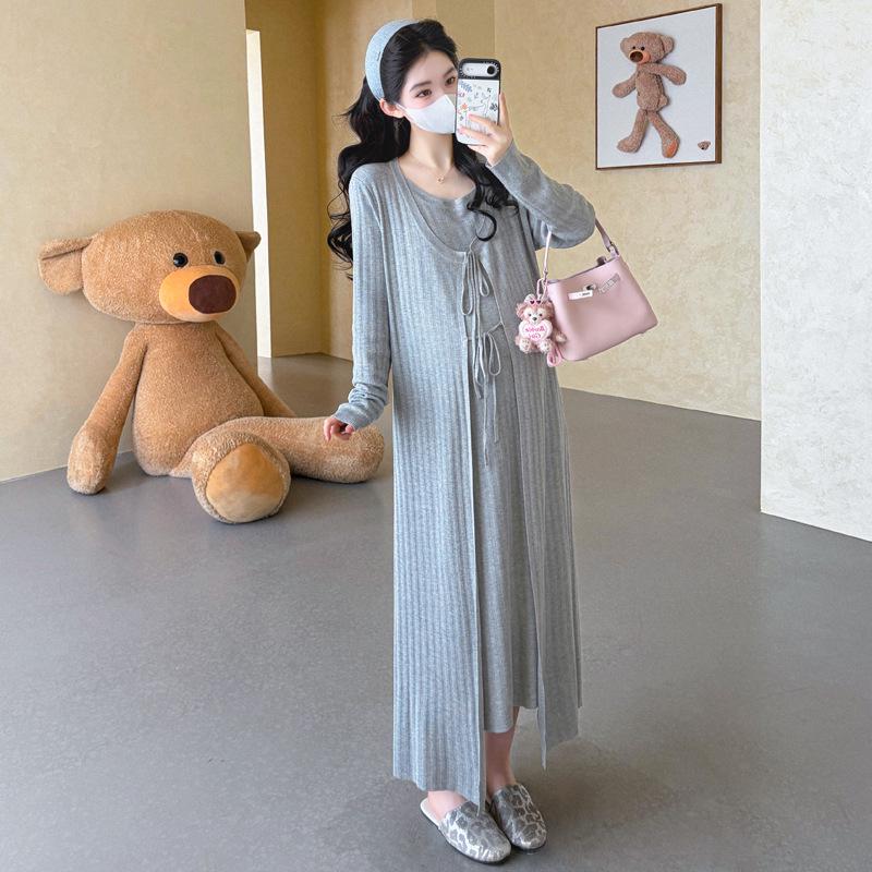 Spring 2026 New Arrival: Faux Two-Piece Knit Dress with Round Neck and Lace-Up Ribbed Design for a Flattering Silhouette XL