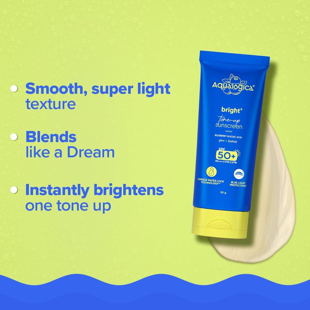 Aqualogica Bright+ Tone Up Sunscreen SPF 50+ PA++++ with Blue Light Protection 50g Pack of 1