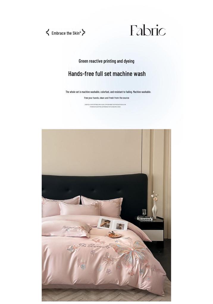Light Luxury 100% Cotton Embroidered 4-Piece Bedding Set with Rounded Corner Sheets
