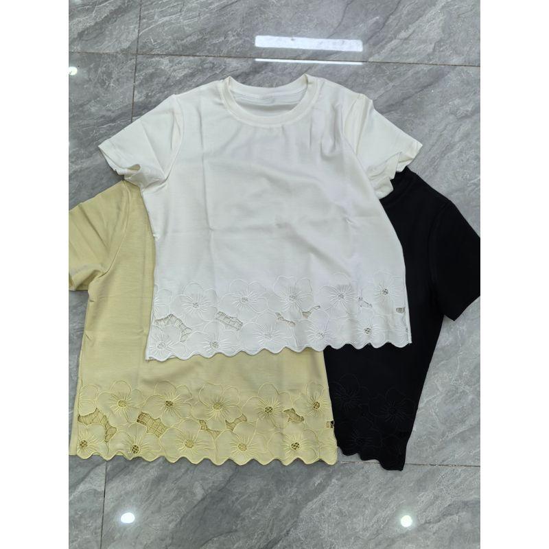 Japanese Style Export Orders! Taipan Pure Color Round Neck New Carved Hollow Flower Craft Short Sleeve Cotton T-shirt for Women Summer
