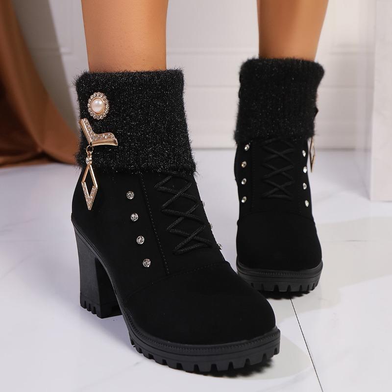 Winter New Rhinestone High Heel Thick Heel Fluffy Mouth Short Boots Velvet Martin Boots Women's Large Size Women's Shoes