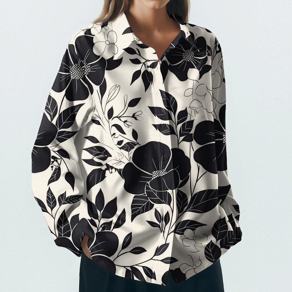 Dámská košile s knoflíky s květinovým potiskem, ležérní top s dlouhým rukávem a klasickým límečkem