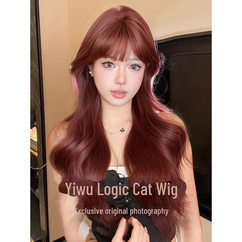 Logic Cat Dámská růžově červená dlouhá kudrnatá paruka s ofinou - Realistická mořská panna, celá sada