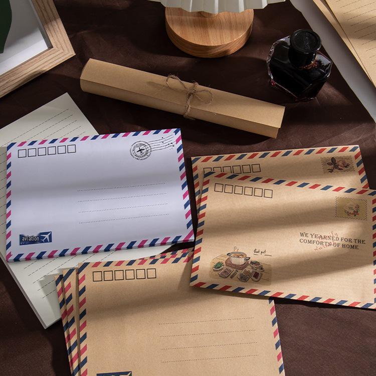 Kraft Paper Retro European Style Airmail Envelope & Stationery Set with Postcards and Greeting Cards In White