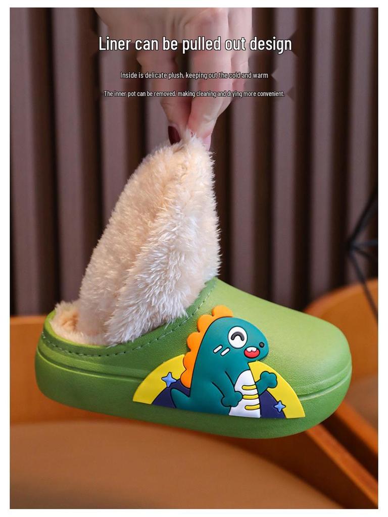 Rabbit & Dinosaur Kids' Cotton Slippers - Waterproof, Non-Slip, Thickened Cartoon Fur for Autumn & Winter. Suitable for Boys & Girls.