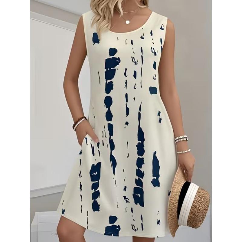 

Women s Geometric Figure Printed Sleeveless Round Neck Dress Loose Soft and Comfortable Plus Size Dress XS синий