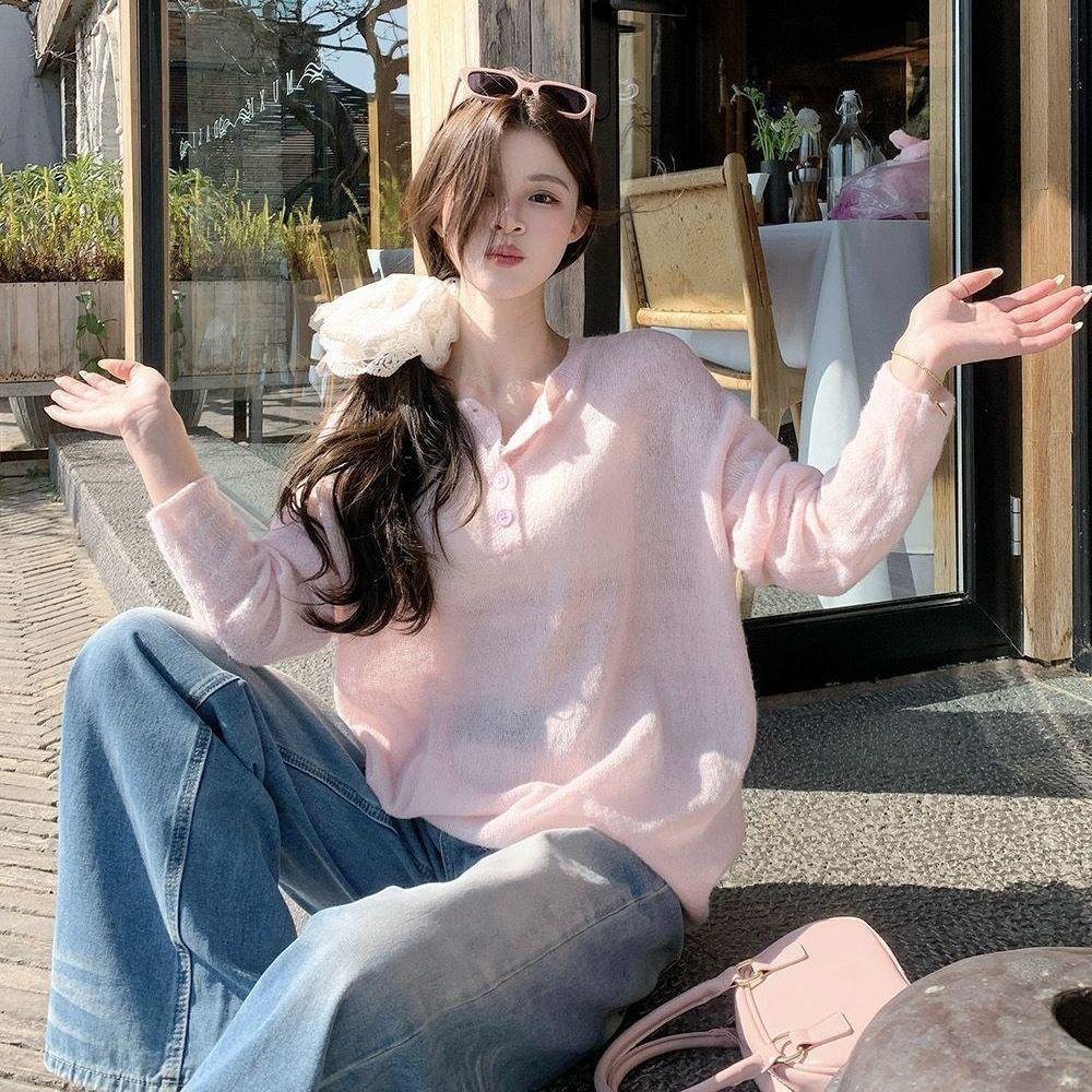 Lazy Style Solid Color Slightly Transparent Long Sleeved Knitted Shirt for Women's Summer Loose Sun Protection Cover Top