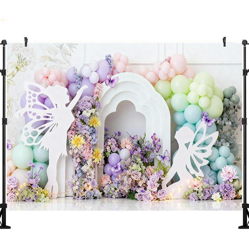 Photography Background Girl Birthday Cake Smash Kids Portrait Photo Backdrop Fairy Tale Sprite Fairy Floral Balloons Decor Props