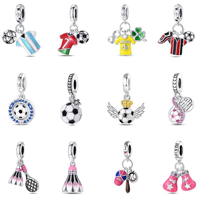 Fashion 925 Silver Football Jersey Badminton Baseball Dumbbell Sports Charm Beads Fit 925 Original Bracelet DIY Birthday Jewelry