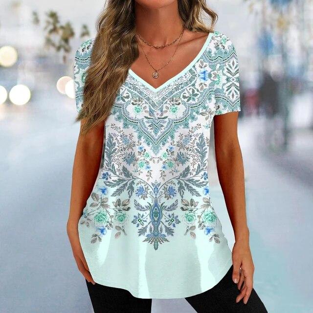 

Летняя футболка для женщин, новая винтажная одежда с коротким рукавом и круглым вырезом с цветочным принтом, модная этническая футболка, женские свободные футболки, топы 6XL
