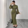 Round-neck High-waisted Dress Solid Color Flared Sleeves Hip-hugging Slit Dress Slimming Pleated Long Dress