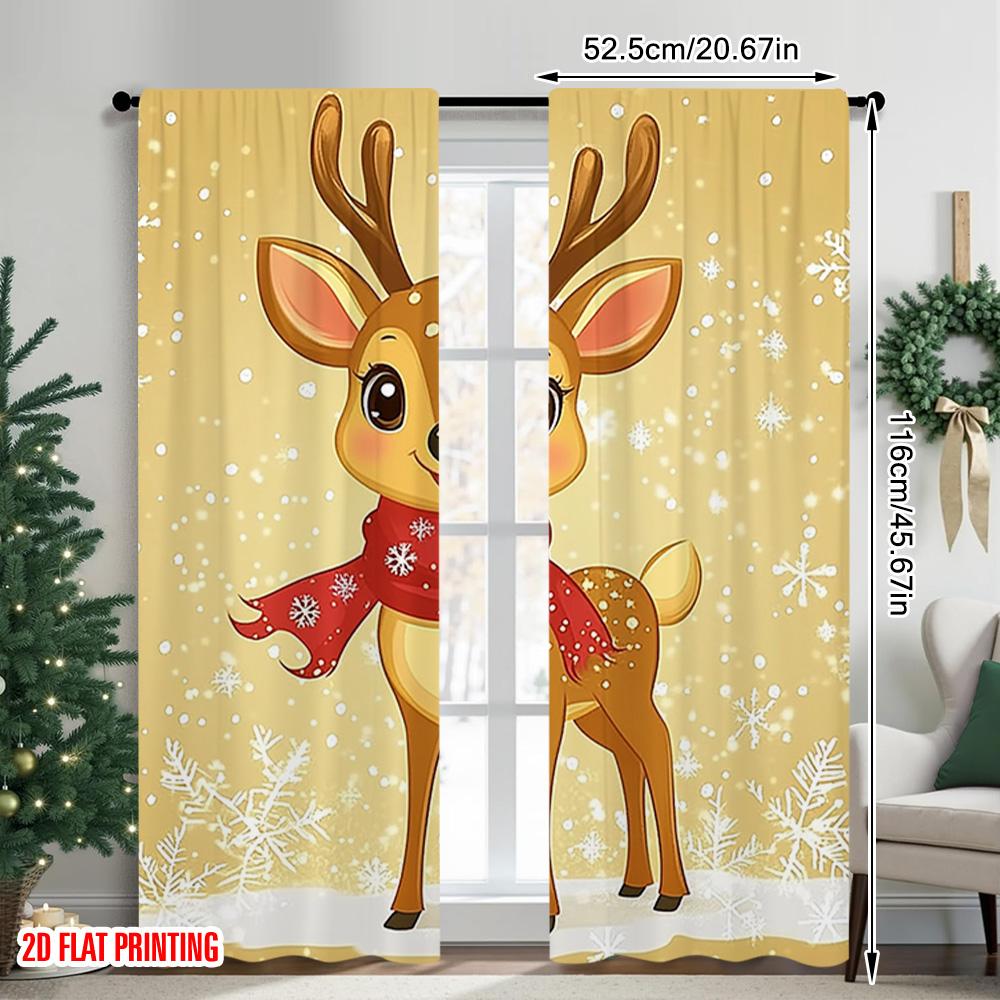 2pcs 2D flat printing Christmas Window Curtains Cute cartoon reindeer (2) 100% Polyester Without Electricity Family Party for