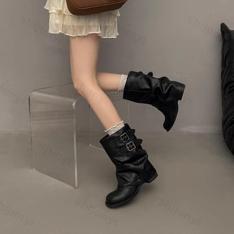 Fashion Women's Black Short Boots Winter New Fashion Buckle Strap Luxury Motorcycle Boots Comfortable Outdoor Non Slip Middle Heel Shoes