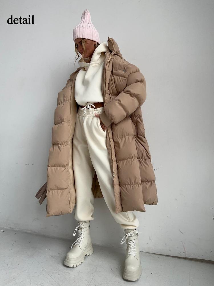 Winter Warmer Damen Oversize Langer Daunenmantel Maxijacke mit Abnehmbarer Kapuze Durchgehender Reißverschluss Gepolstert Langarm