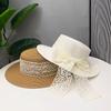 Summer 2025 Women's Flat Top Straw Hat Lace Bow Sunshade Hat Travel Sunscreen Hat Vacation Straw Hat