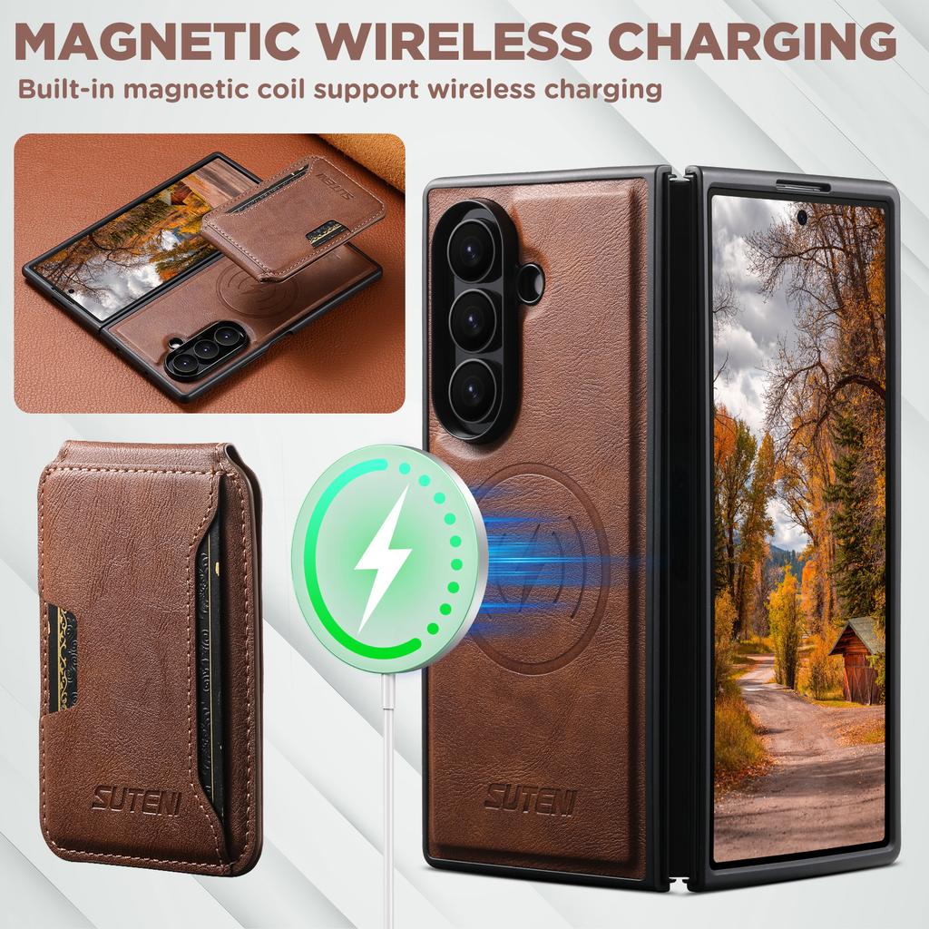 SUTENI Magnet Wireless Charging Luxury Faux Leather Phone Case Card Holder Stand for Samsung Galaxy Z Fold 7 6