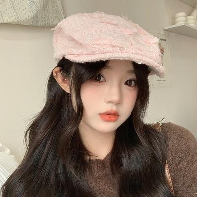 Sweet and Cute Flower Forward Hat Versatile Face Little Beret Autumn Hat Women's Casual Newsboy Hat