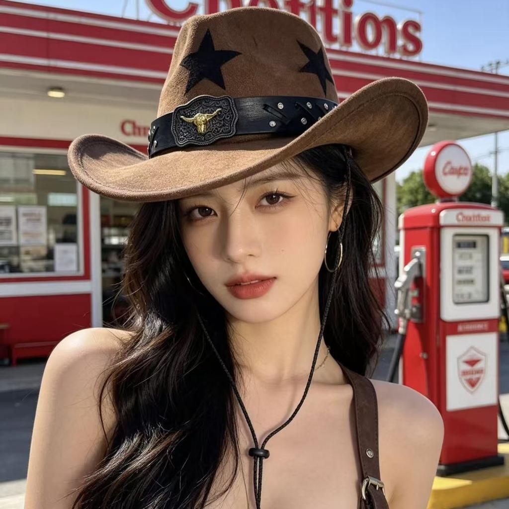European and American Outdoor Cycling Sunshade Jazz Top Hat New Western Cowboy Hat Gradual Change Color Five-pointed Star British Retro Hat