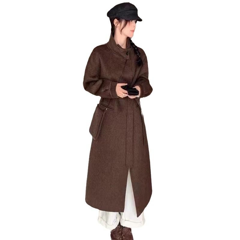 Free messenger bag design stand-up collar double-sided wool coat age-reducing medium and long women's thin woolen coat