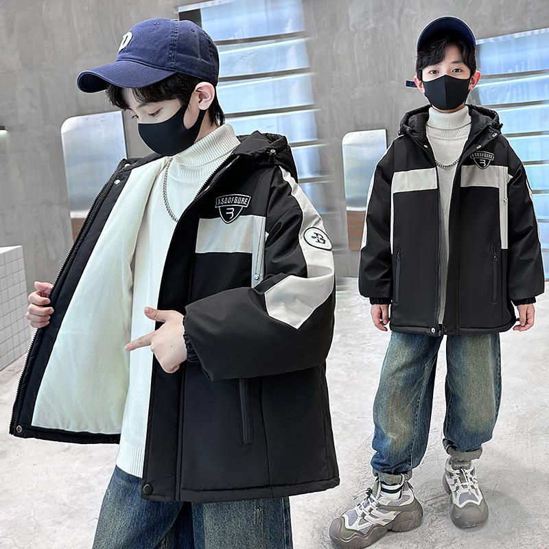 Jungen 2025 Winter Fleecegefütterte Baumwolljacke - Verdickter Parka für mittlere und große Kinder, trendige Workwear-Jacke