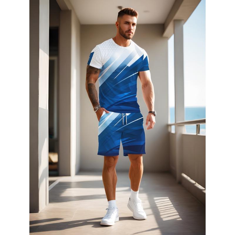 Digital Printed Men s Short Sleeve Shorts with Elasticated Drawstring S