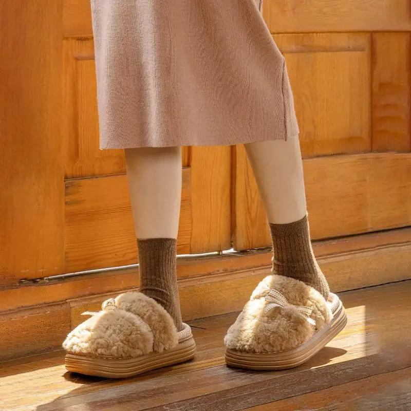 Fashion Platform Fluffy Slippers Women House Flats Cute Bowknot Designer Winter Shoes Girls Fashion Plush Casual Footwear Elegant Indoor