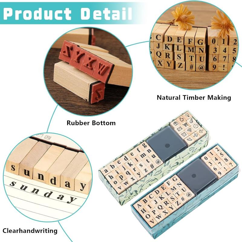 80 Pcs Tampons en Bois pour Lettre, Ensemble de Tampons de Lettres Bois avec Chiffres, Symboles et Tampon Encreur pour DIY Cartes de Vœux/Scrapbooking