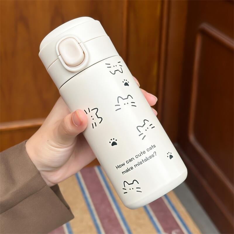 

Cute Cat Thermal Water Bottle For Girls Kids Portable Bullet Cover Hot and Cold Stainless Steel Thermos Coffee Cup Drinkware 301-400ml бежевий
