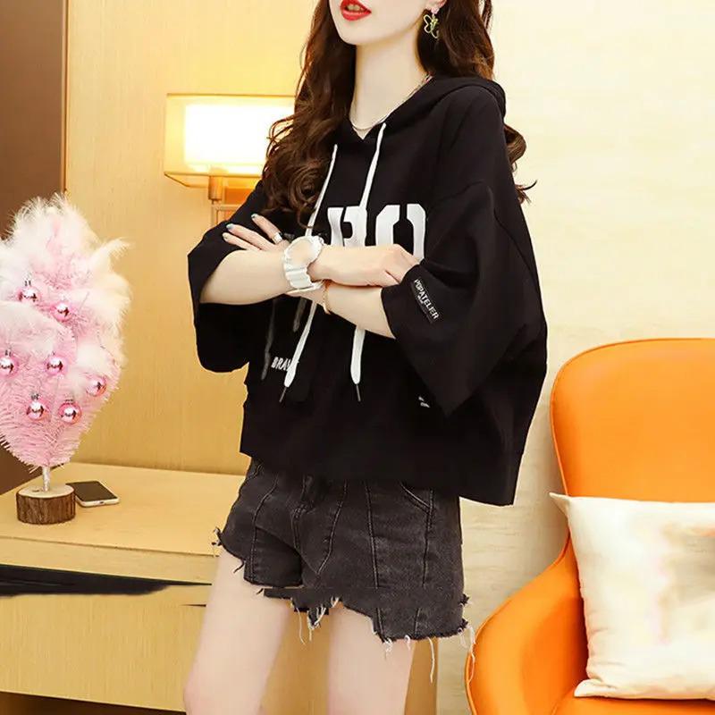 Summer Letter Printing Hoodies Women Round Neck Short Sleeve Drawstring Short Pullovers Ladies Korean Style Casual Top