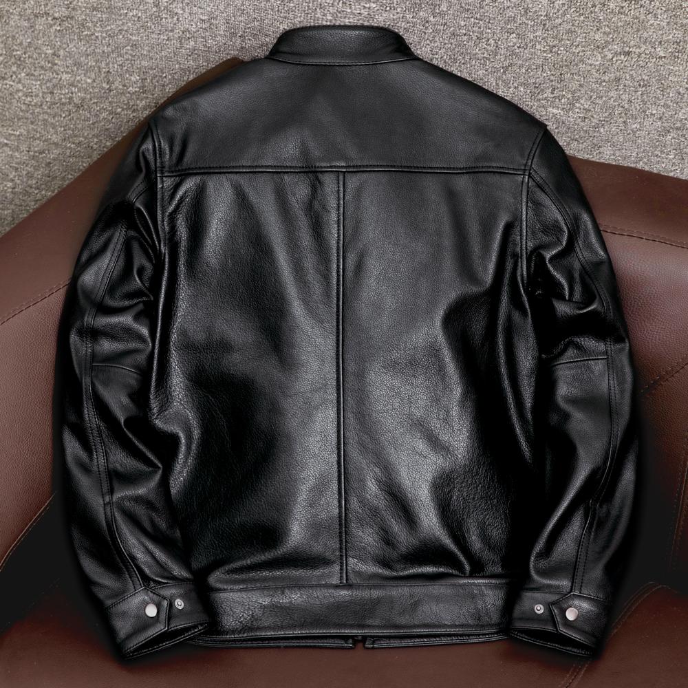 Genuine Cowhide Leather Jacket for Men Fashion Stand Collar Short Casual Biker Coat