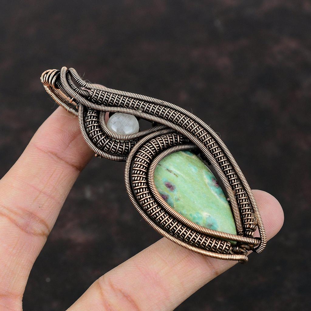 Ruby Fuchsite Gemstone Pendant Copper Wire Wrapped Pendant Handmade Designer Jewelry Rainbow Moonstone Pendant For Gift Copper Wire Jewelry