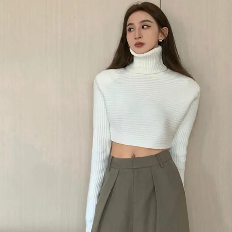 

WTEMPO Короткие женские свитера с высоким воротником, свободные топы с длинными рукавами в стиле панк, вязаный пуловер, женские корейские повседневные свитера большого размера XL белый