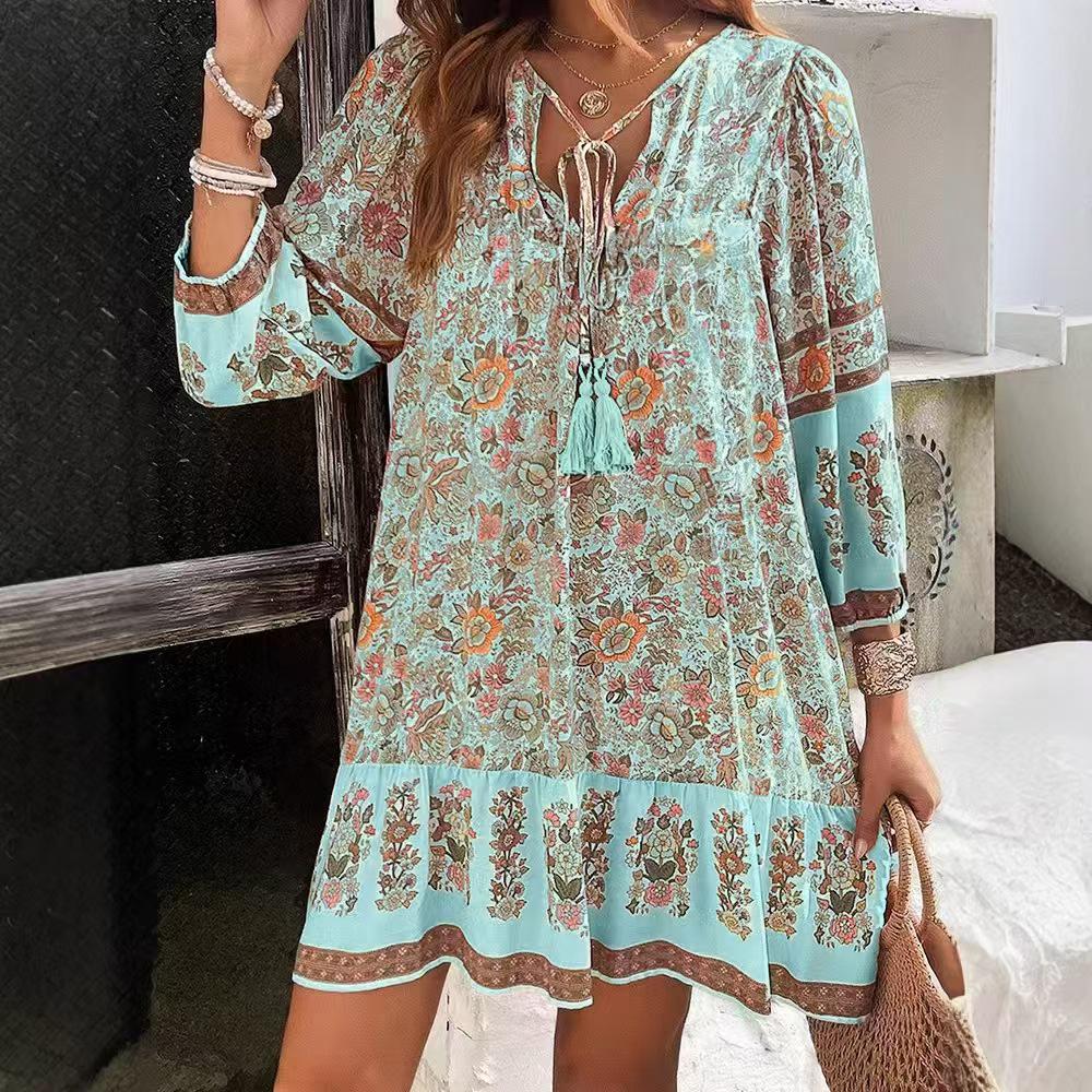 Abito Chemisier Stampato Scollo a V Bohemian Primavera/Estate 2025 per Donna
