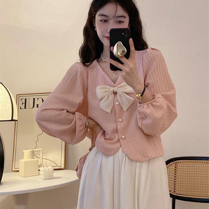 Pink V-Neck Puff Sleeve Bowknot Shirt - French Chic Women's Spring Top