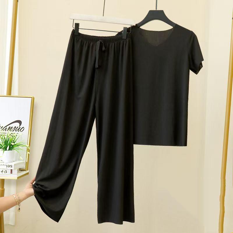 

2 шт./компл. женские пижамы бесшовные ледяной шелк с круглым вырезом и коротким рукавом сплошной цвет с эластичной резинкой на талии и широкими штанинами свободные мягкие дышащие домашние комплекты с верхом и брюками XXXXL чёрный