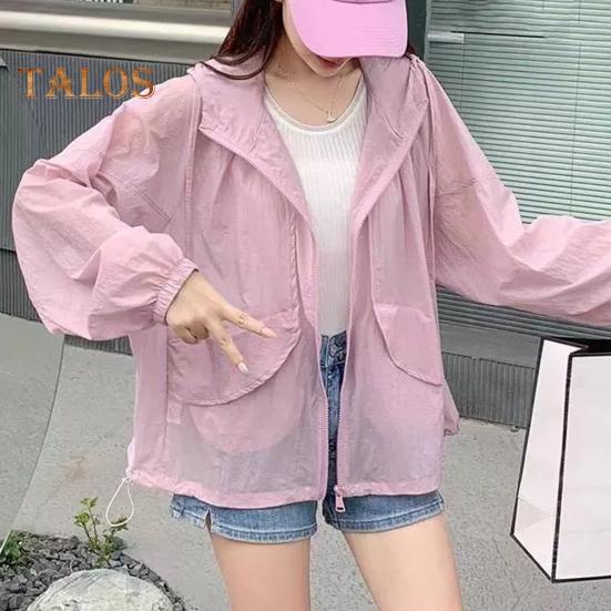 Sonnenschutzkleidung für Damen, mit Kapuze, Kordelzug, langärmelig, Sommermantel mit Taschendekoration, Sonnenschutzkleidung